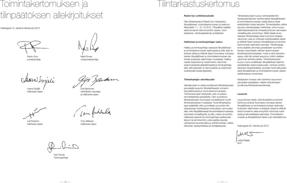 toimintakertomuksen ja hallinnon tilikaudelta 1.1. 31.12.2012. Tilinpäätös sisältää sekä konsernin että emoyhtiön taseen, tuloslaskelman, rahoituslaskelman ja liitetiedot.