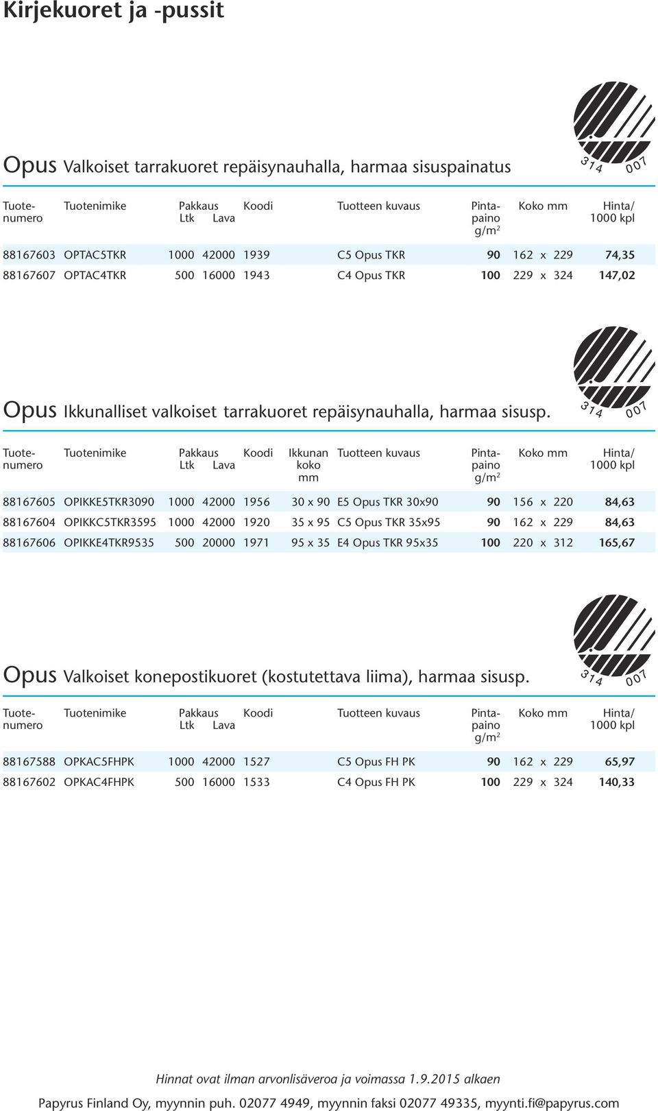 Tuote- Tuotenimike Pakkaus Koodi Ikkunan Tuotteen kuvaus Pinta- Koko mm Hinta/ numero Ltk Lava koko paino 1000 kpl mm 88167605 OPIKKE5TKR3090 1000 42000 1956 30 x 90 E5 Opus TKR 30x90 90 156 x 220