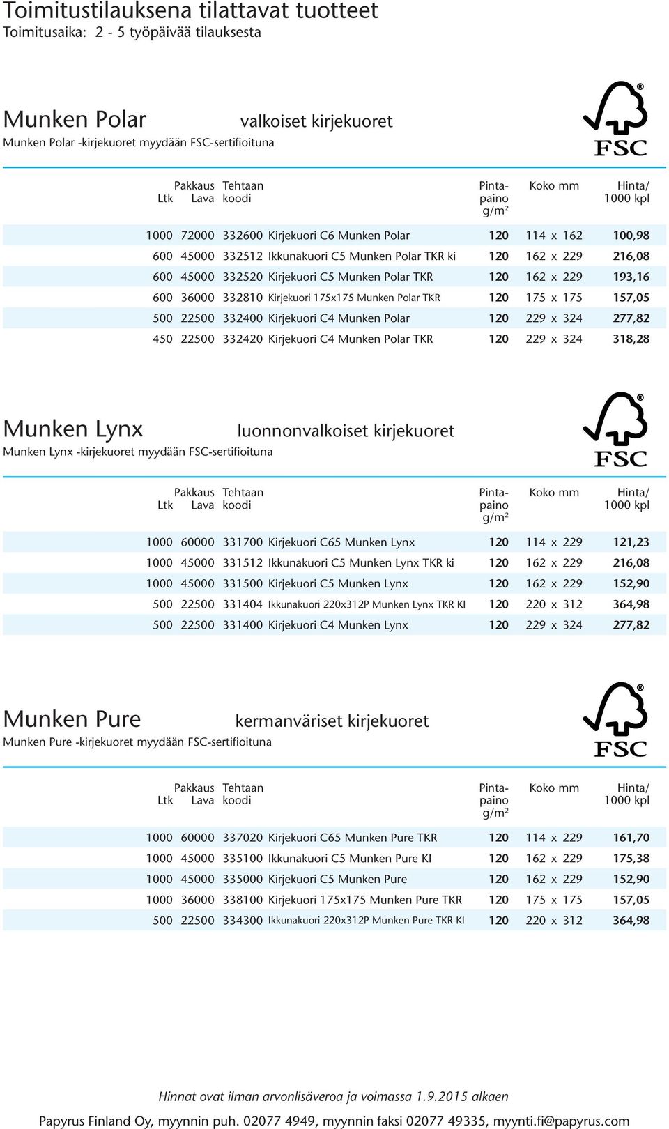 Munken Polar TKR 120 175 x 175 157,05 500 22500 332400 Kirjekuori C4 Munken Polar 120 229 x 324 277,82 450 22500 332420 Kirjekuori C4 Munken Polar TKR 120 229 x 324 318,28 Munken Lynx Munken Lynx