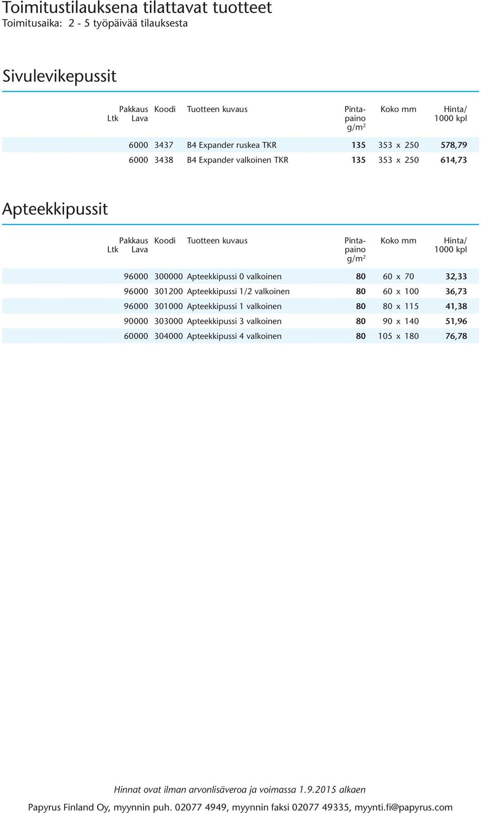 Apteekkipussi 1/2 valkoinen 80 60 x 100 36,73 96000 301000 Apteekkipussi 1 valkoinen 80 80 x 115 41,38