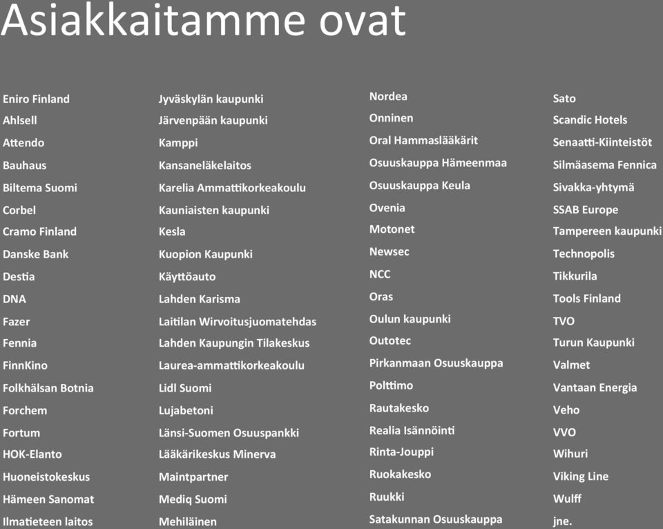 Cramo Finland Kauniaisten kaupunki Kesla Ovenia Motonet SSAB Europe Tampereen kaupunki Danske Bank Kuopion Kaupunki Newsec Technopolis DesLa Käy.