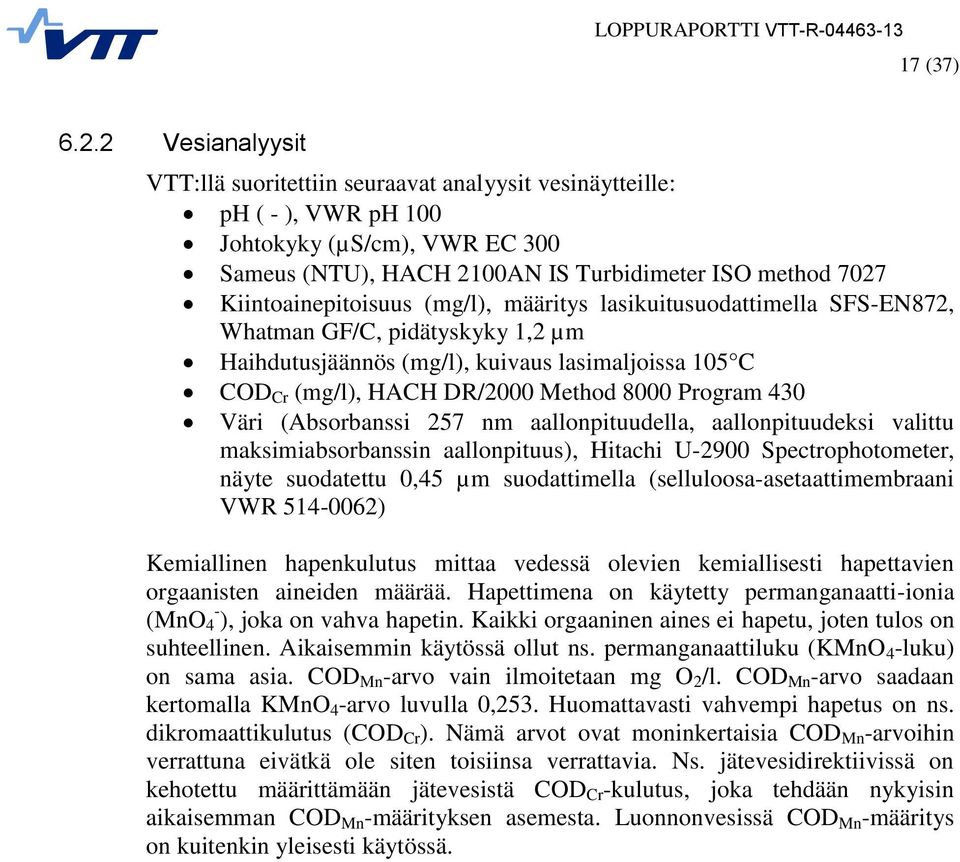 Kiintoainepitoisuus (mg/l), määritys lasikuitusuodattimella SFS-EN872, Whatman GF/C, pidätyskyky 1,2 µm Haihdutusjäännös (mg/l), kuivaus lasimaljoissa 105 C COD Cr (mg/l), HACH DR/2000 Method 8000