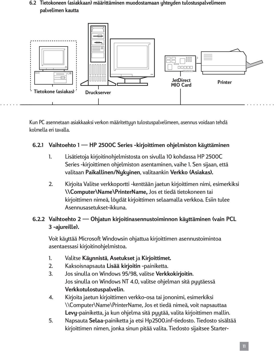 Lisätietoja kirjoitinohjelmistosta on sivulla 10 kohdassa HP 2500C Series -kirjoittimen ohjelmiston asentaminen, vaihe 1. Sen sijaan, että valitaan Paikallinen/Nykyinen, valitaankin Verkko (Asiakas).