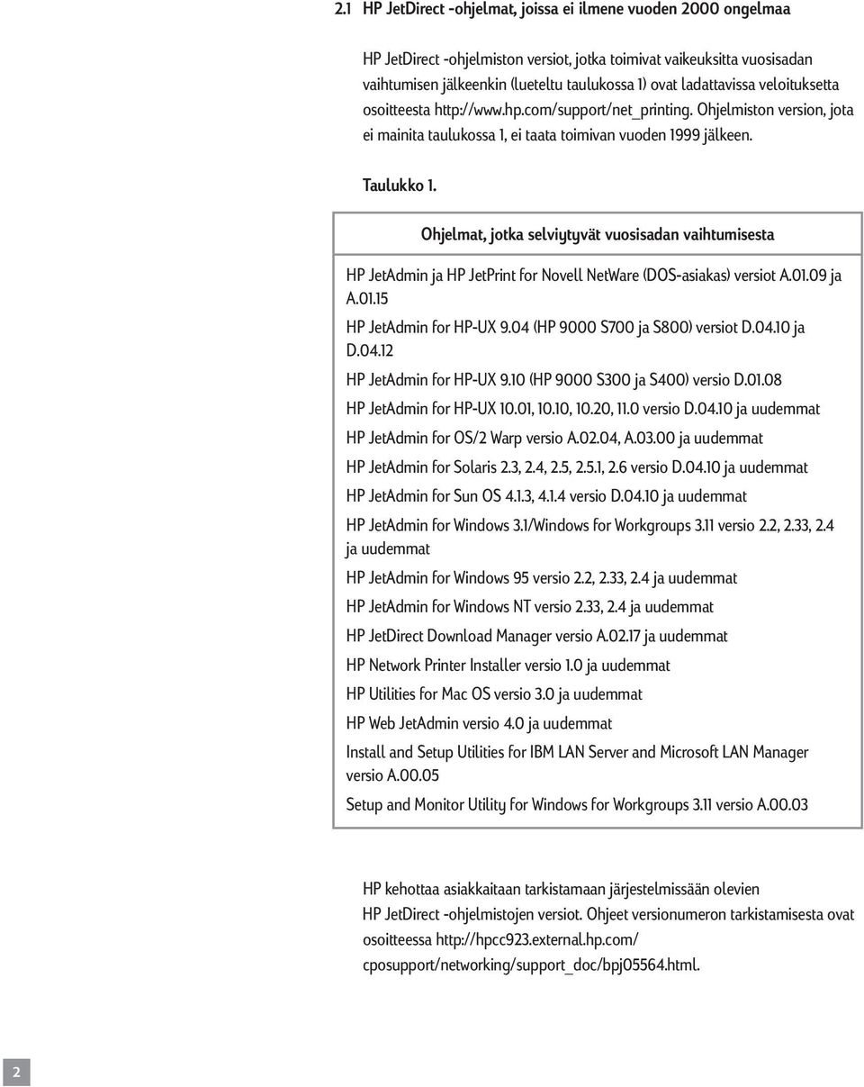 Ohjelmat, jotka selviytyvät vuosisadan vaihtumisesta HP JetAdmin ja HP JetPrint for Novell NetWare (DOS-asiakas) versiot A.01.09 ja A.01.15 HP JetAdmin for HP-UX 9.04 (HP 9000 S700 ja S800) versiot D.