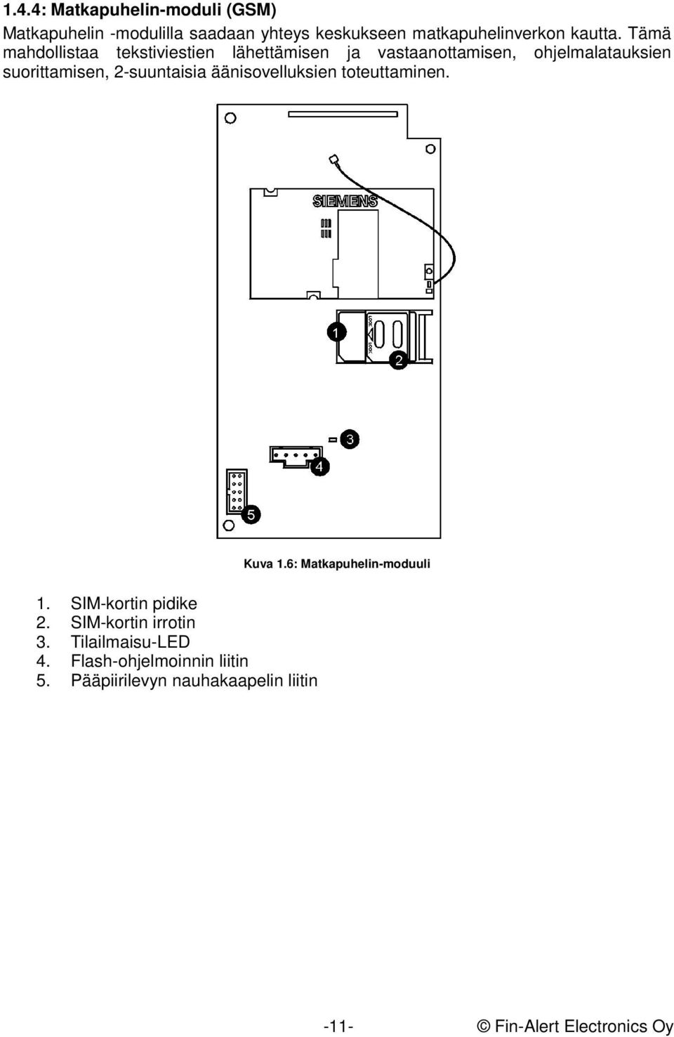 2-suuntaisia äänisovelluksien toteuttaminen. Kuva 1.6: Matkapuhelin-moduuli 1. SIM-kortin pidike 2.