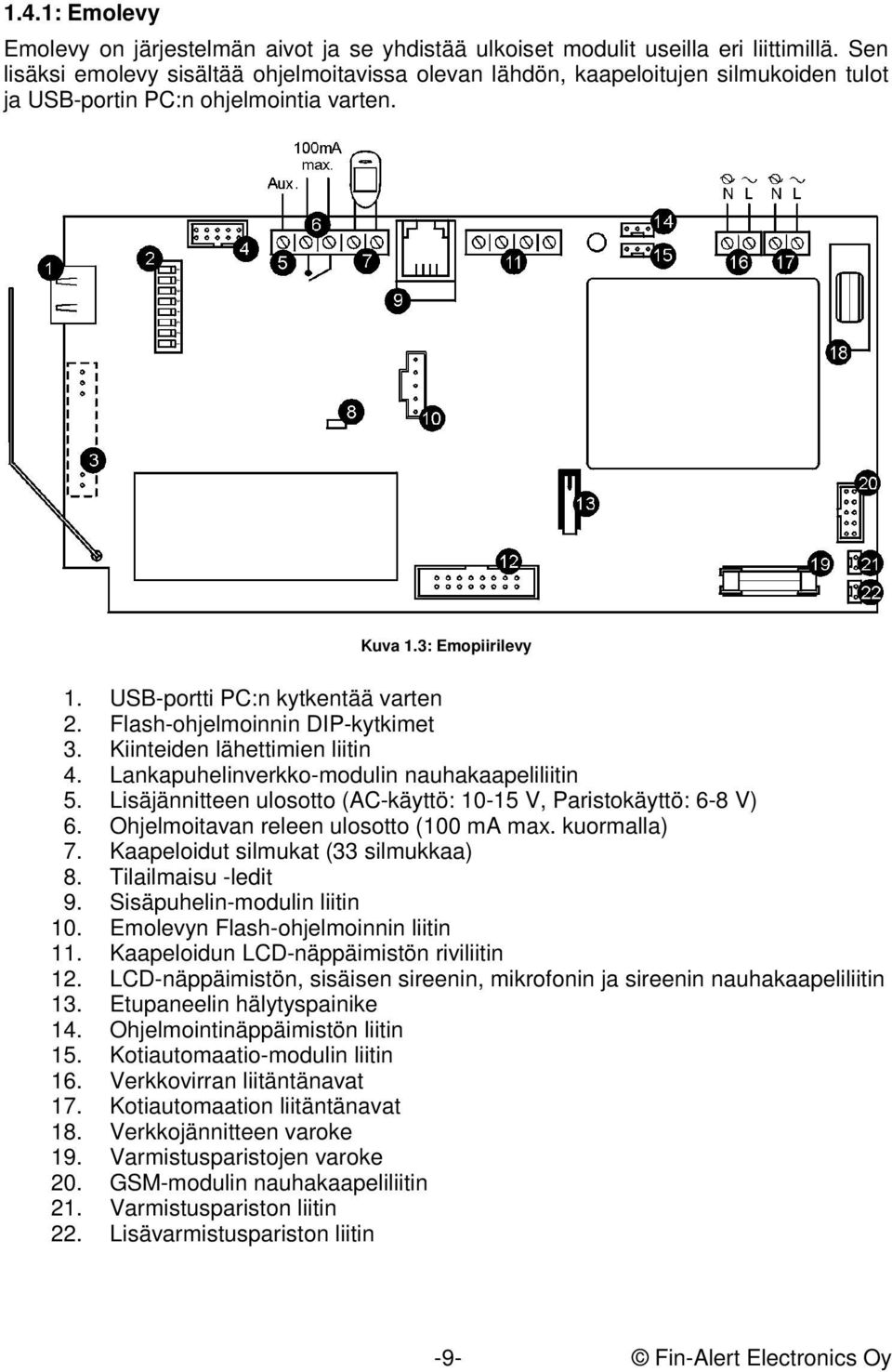 Flash-ohjelmoinnin DIP-kytkimet 3. Kiinteiden lähettimien liitin 4. Lankapuhelinverkko-modulin nauhakaapeliliitin 5. Lisäjännitteen ulosotto (AC-käyttö: 10-15 V, Paristokäyttö: 6-8 V) 6.
