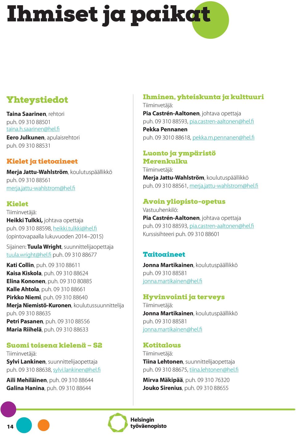 09 310 88598, heikki.tulkki@hel.fi (opintovapaalla lukuvuoden 2014 2015) Sijainen: Tuula Wright, suunnittelijaopettaja tuula.wright@hel.fi puh. 09 310 88677 Kati Collin, puh.