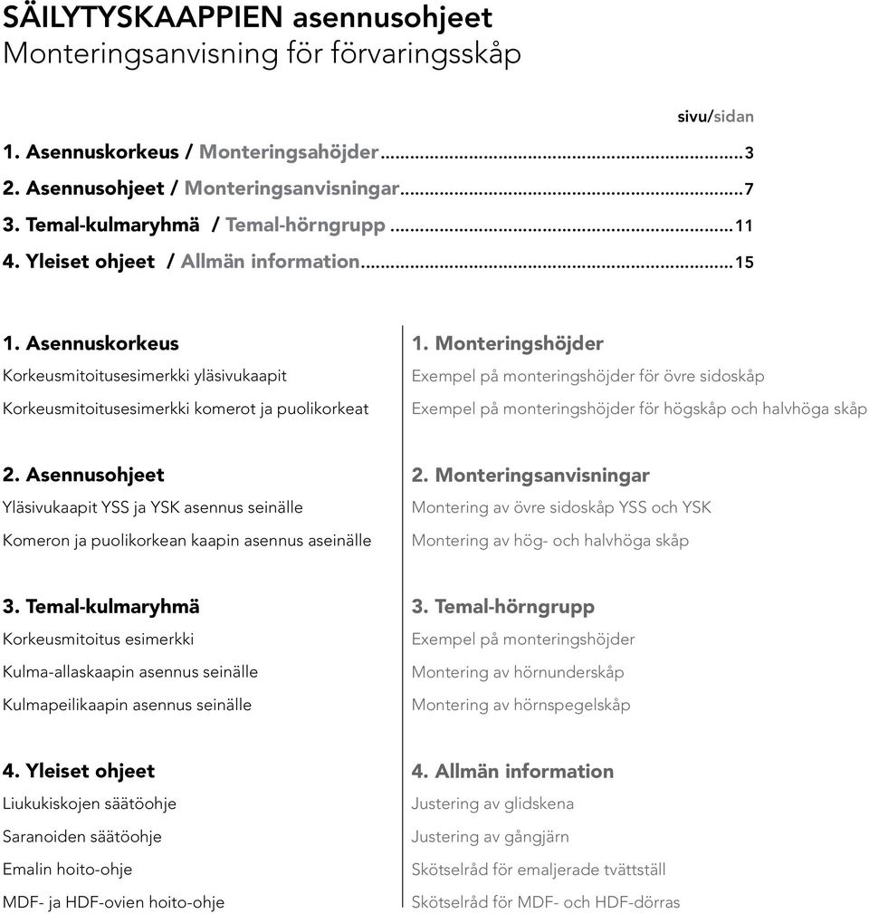 Monteringshöjder Exempel på monteringshöjder för övre sidoskåp Exempel på monteringshöjder för högskåp och halvhöga skåp 2.