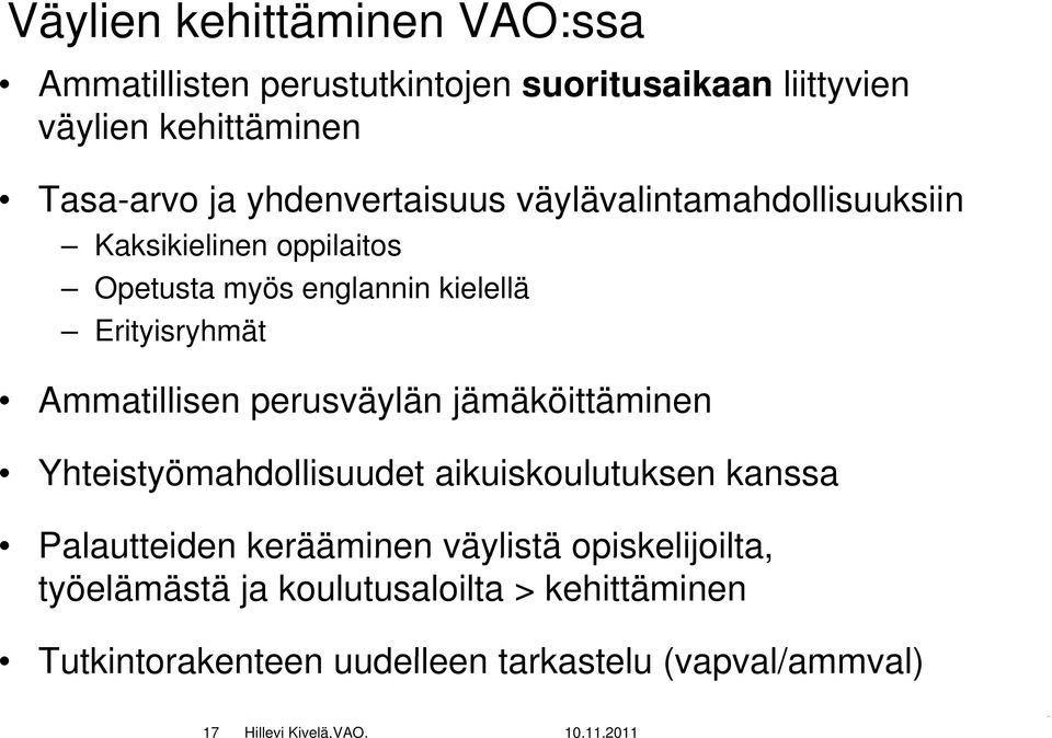 Ammatillisen perusväylän jämäköittäminen Yhteistyömahdollisuudet aikuiskoulutuksen kanssa Palautteiden kerääminen väylistä