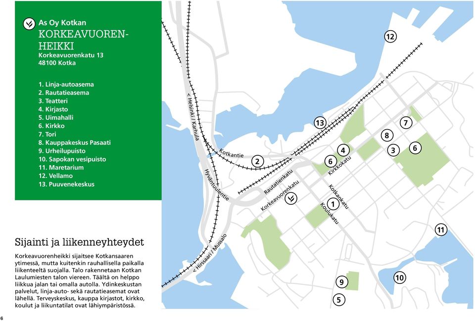 Puuvenekeskus < Helsinki / Karhula Hyväntuulentie Kotkantie 2 Rautatienkatu Korkeavuorenkatu 13 6 Kirkkokatu Kotkankatu 1 4 8 3 7 6 Sijainti ja liikenneyhteydet Korkeavuorenheikki sijaitsee