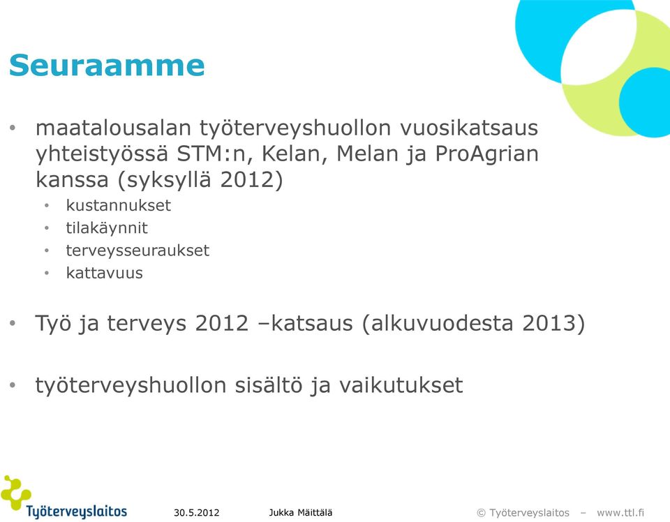 2012) kustannukset tilakäynnit terveysseuraukset kattavuus Työ ja