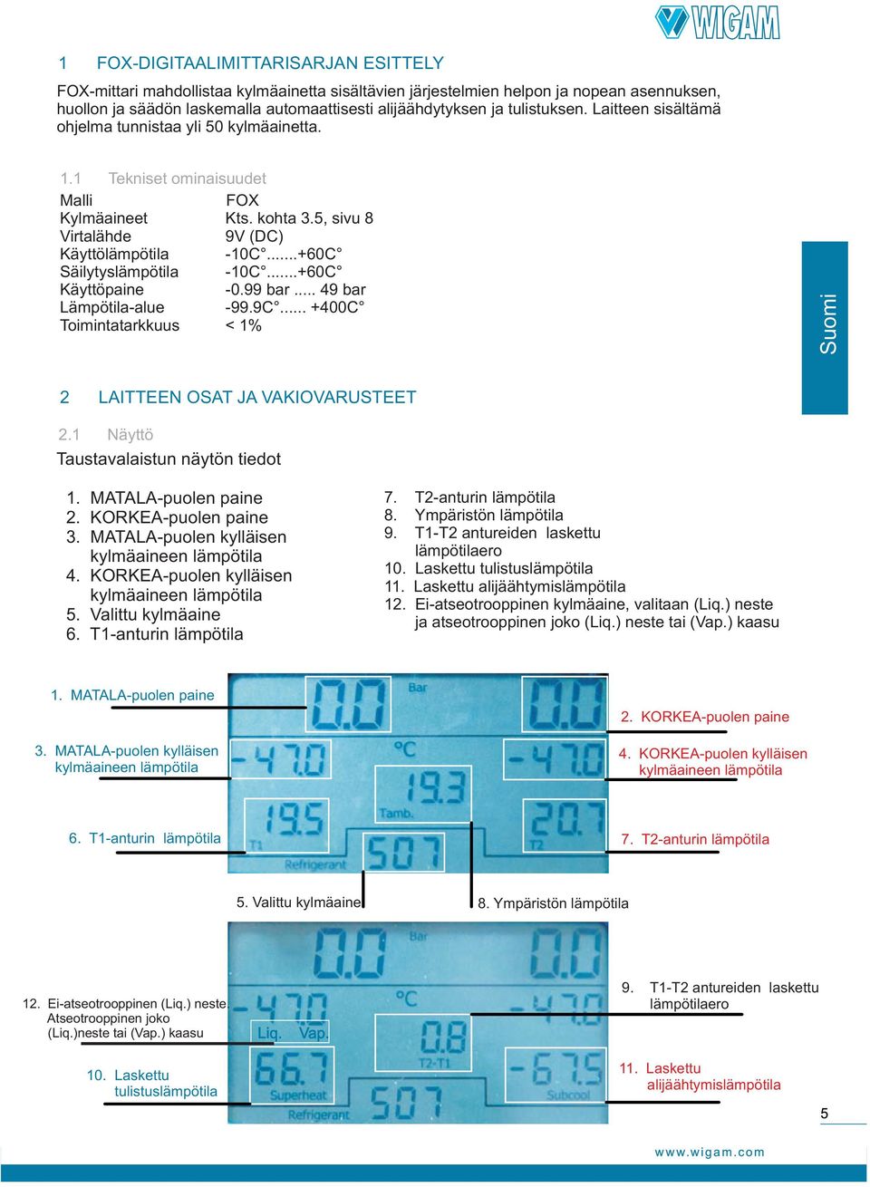 ..+60C Säilytyslämpötila -10C...+60C Käyttöpaine -0.99 bar... 49 bar Lämpötila-alue -99.9C... +400C Toimintatarkkuus < 1% 2 LAITTEEN OSAT JA VAKIOVARUSTEET 2.1 Näyttö Taustavalaistun näytön tiedot 1.
