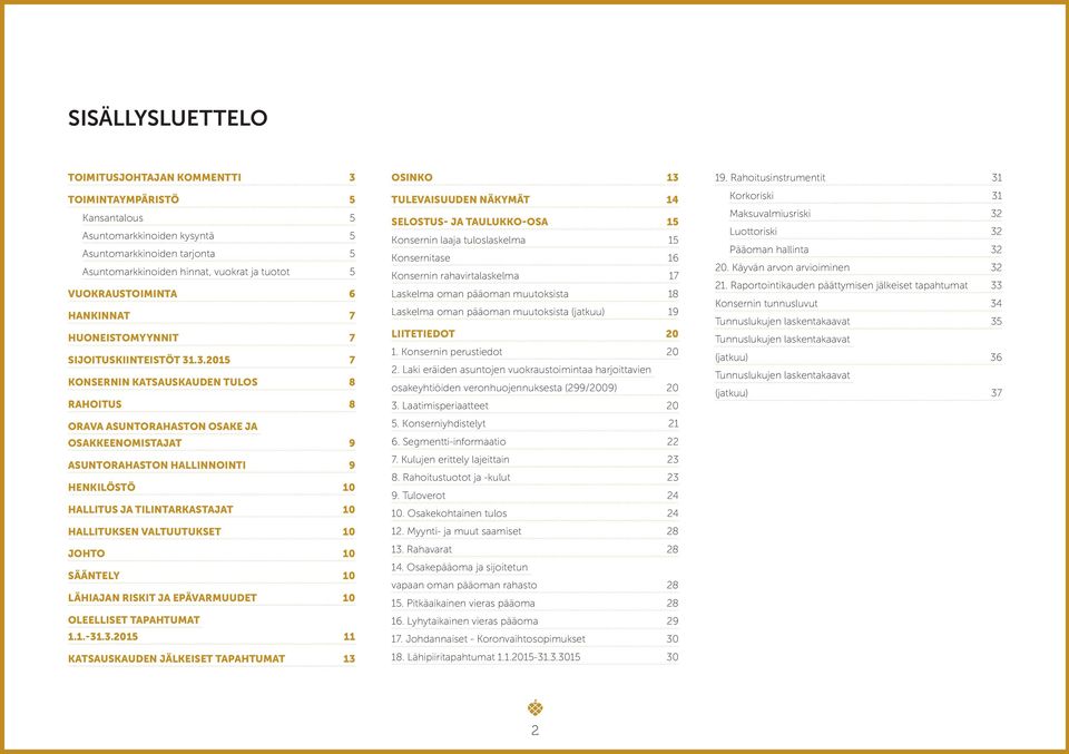 .3.2015 7 KONSERNIN KATSAUSKAUDEN TULOS 8 RAHOITUS 8 ORAVA ASUNTORAHASTON OSAKE JA OSAKKEENOMISTAJAT 9 ASUNTORAHASTON HALLINNOINTI 9 HENKILÖSTÖ 10 HALLITUS JA TILINTARKASTAJAT 10 HALLITUKSEN