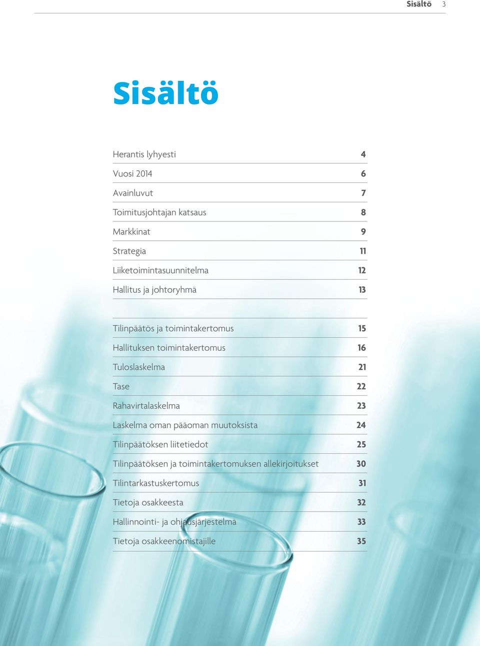 Tuloslaskelma 21 Tase 22 Rahavirtalaskelma 23 Laskelma oman pääoman muutoksista 24 Tilinpäätöksen liitetiedot 25 Tilinpäätöksen ja