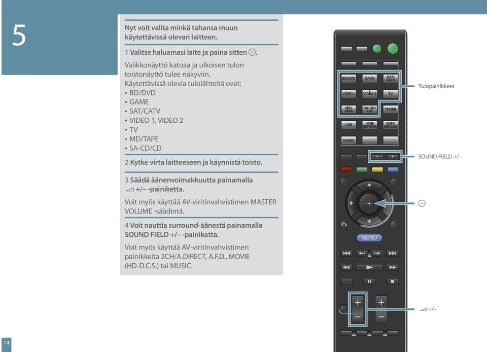 Käytettävissä olevia tulolähteitä ovat: BD/DVD GAME SAT/CATV VIDEO 1, VIDEO 2 TV MD/TAPE SA-CD/CD 2 Kytke virta laitteeseen ja käynnistä toisto.