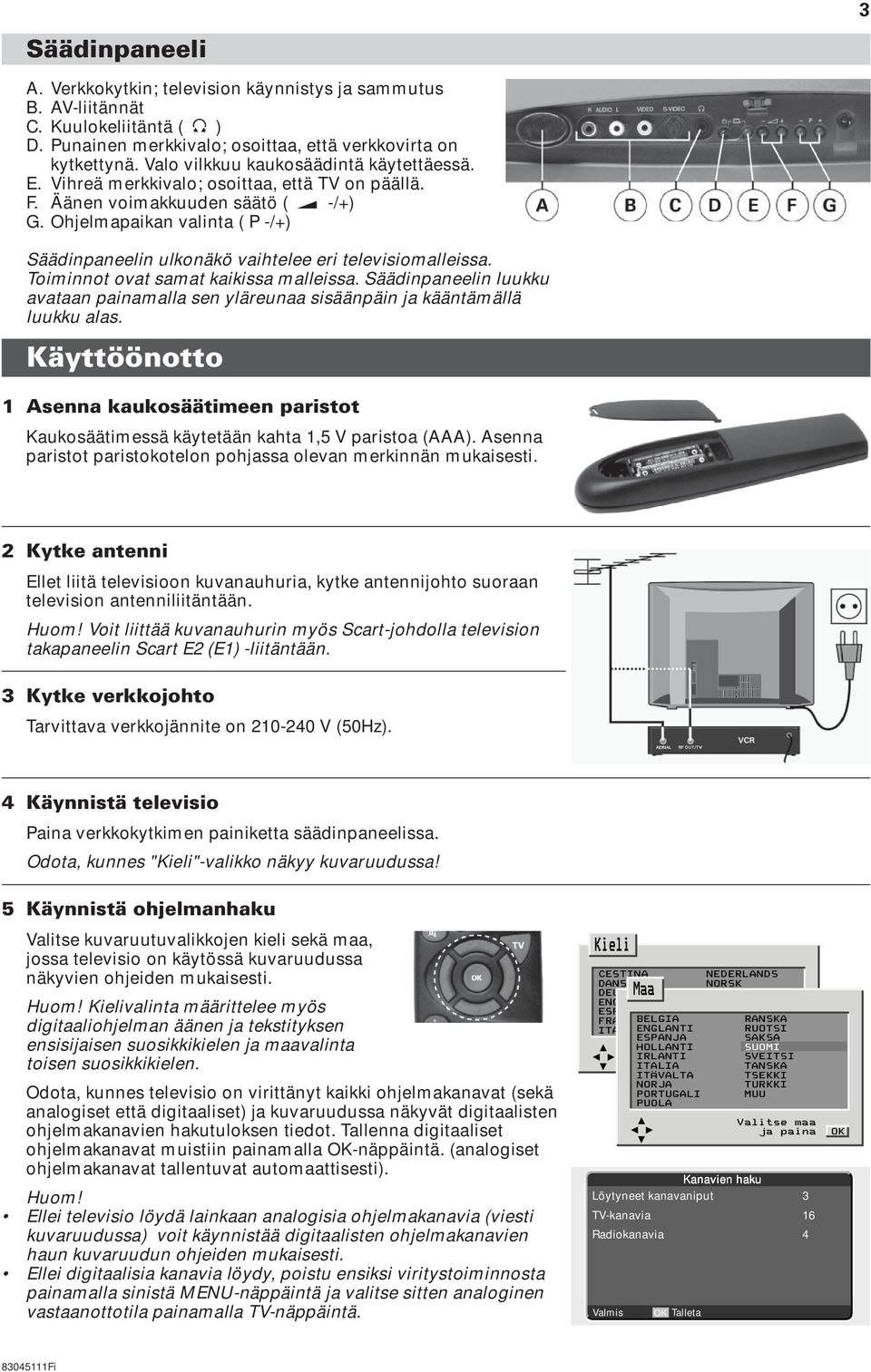 Ohjelmapaikan valinta ( P -/+) Säädinpaneelin ulkonäkö vaihtelee eri televisiomalleissa. Toiminnot ovat samat kaikissa malleissa.