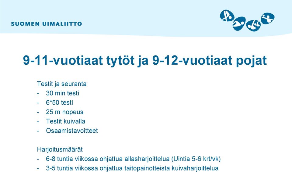 Harjoitusmäärät - 6-8 tuntia viikossa ohjattua allasharjoittelua (Uintia