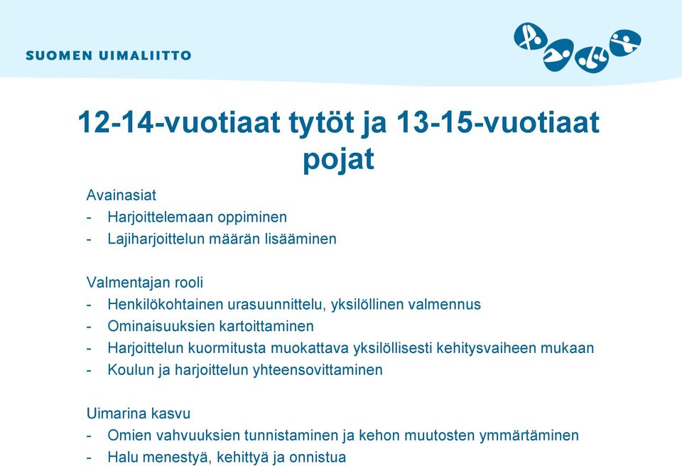 kartoittaminen - Harjoittelun kuormitusta muokattava yksilöllisesti kehitysvaiheen mukaan - Koulun ja harjoittelun