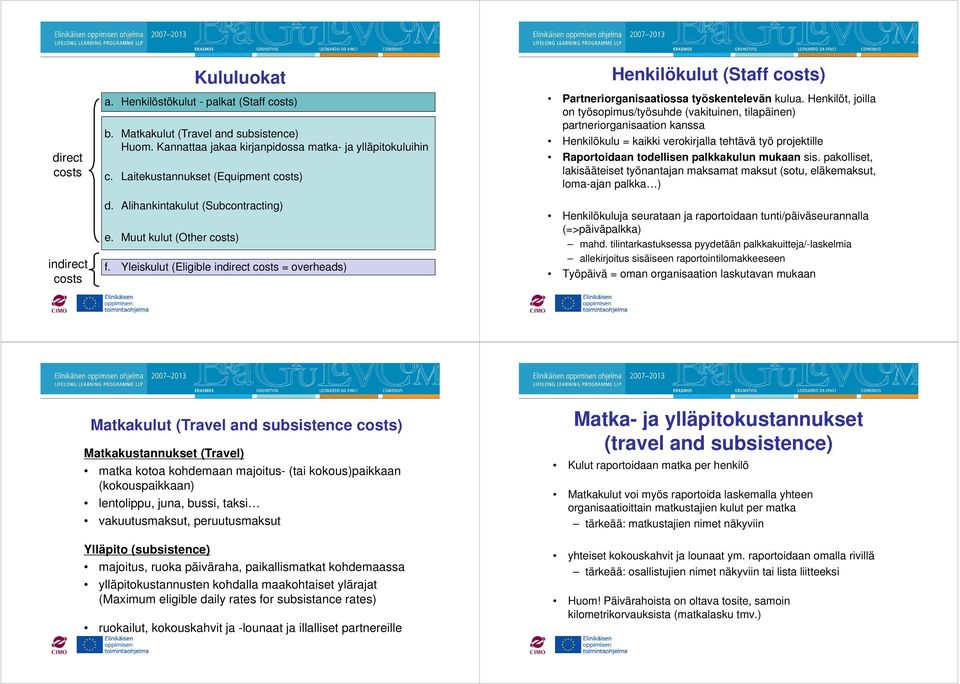 Yleiskulut (Eligible indirect costs = overheads) Henkilökulut (Staff costs) Partneriorganisaatiossa työskentelevän kulua.