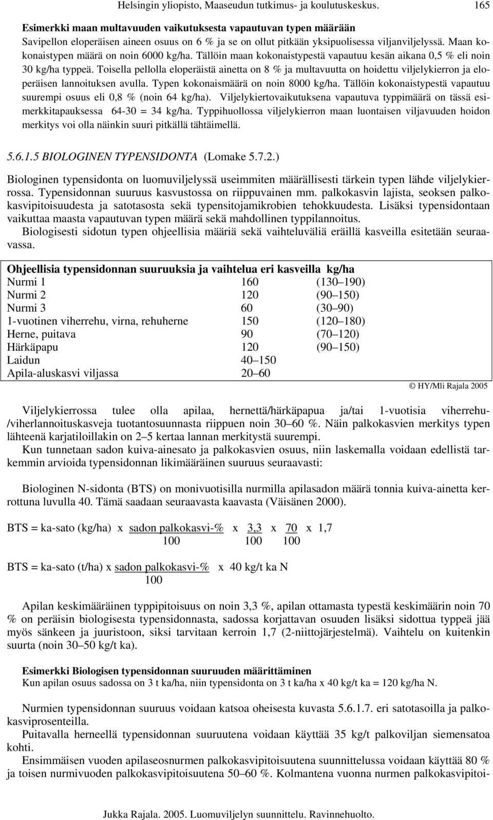 Maan kokonaistypen määrä on noin 6000 kg/ha. Tällöin maan kokonaistypestä vapautuu kesän aikana 0,5 % eli noin 30 kg/ha typpeä.