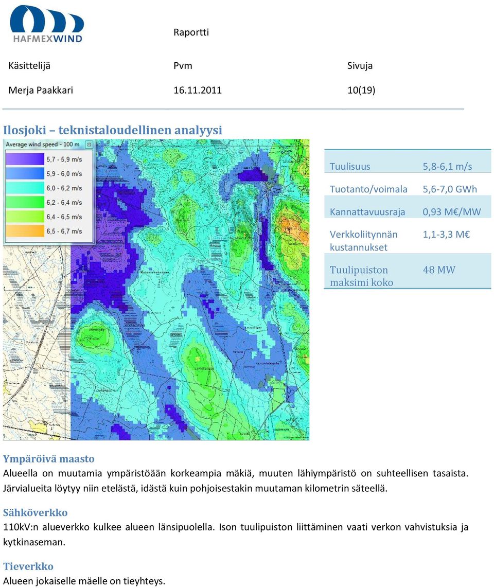 5,8-6,1 m/s 5,6-7,0 GWh 0,93 M /MW 1,1-3,3 M 48 MW Ympäröivä maasto Alueella on muutamia ympäristöään korkeampia mäkiä, muuten lähiympäristö on