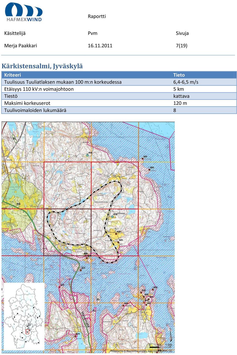 Tuulisuus Tuuliatlaksen mukaan 100 m:n korkeudessa 6,4-6,5