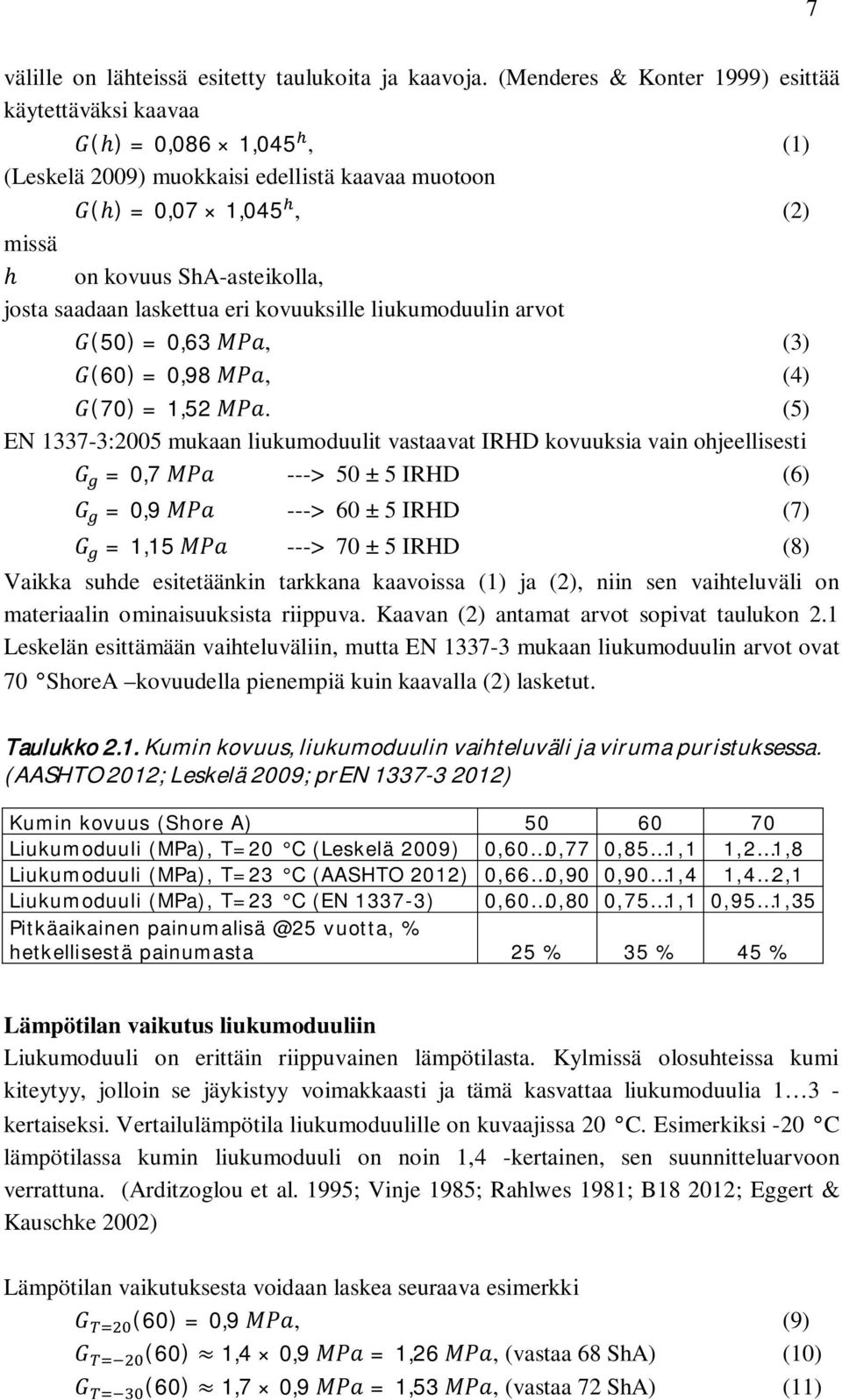 laskettua eri kovuuksille liukumoduulin arvot (50) = 0,63, (3) (60) = 0,98, (4) (70) = 1,52.