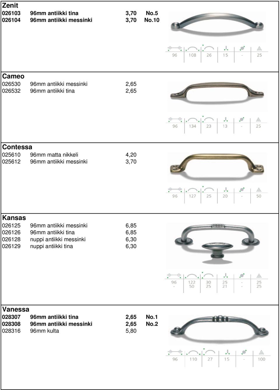 025612 96mm antiikki messinki 3,70 Kansas 026125 96mm antiikki messinki 6,85 026126 96mm antiikki tina 6,85 026128