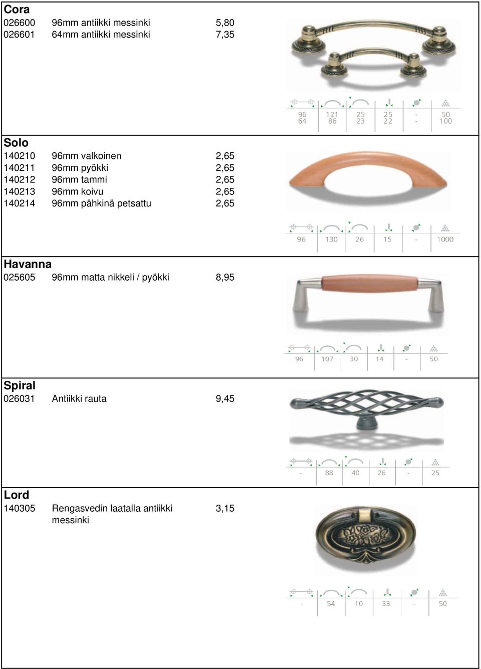 2,65 140214 96mm pähkinä petsattu 2,65 Havanna 025605 96mm matta nikkeli / pyökki 8,95