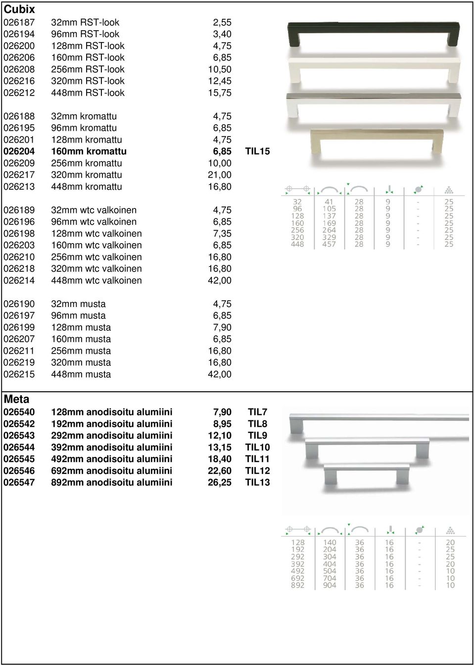 026189 32mm wtc valkoinen 4,75 026196 96mm wtc valkoinen 6,85 026198 128mm wtc valkoinen 7,35 026203 160mm wtc valkoinen 6,85 026210 256mm wtc valkoinen 16,80 026218 320mm wtc valkoinen 16,80 026214