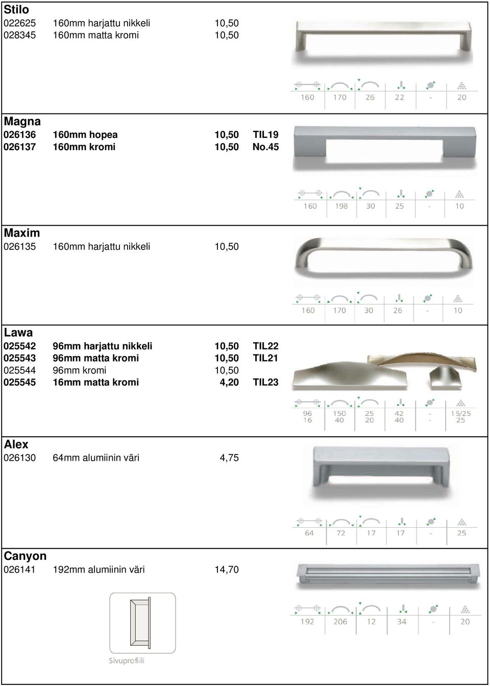 45 Maxim 026135 160mm harjattu nikkeli 10,50 Lawa 025542 96mm harjattu nikkeli 10,50 TIL22 025543