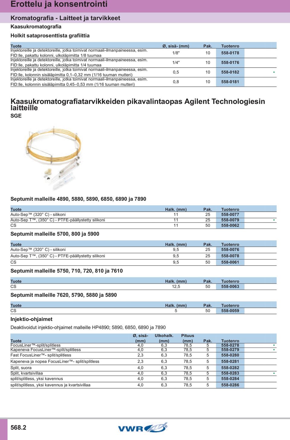 FID:lle, pakattu kolonni, ulkoläpimitta 1/8 tuumaa 1/8" 10 558-0178 Injektoreille ja detektoreille, jotka toimivat normaali-ilmanpaineessa, esim.