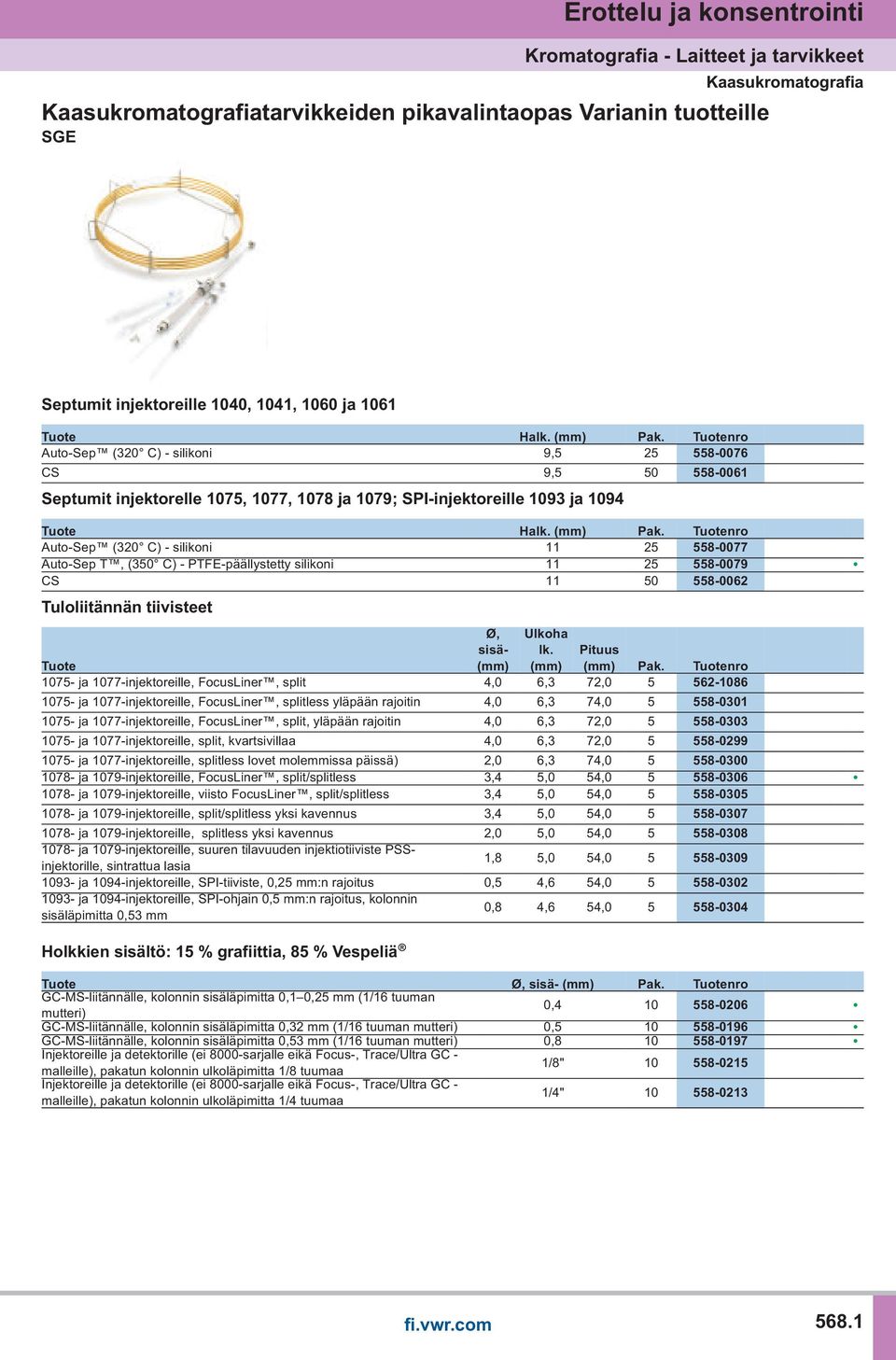 Tuotenro Auto-Sep (320 C) - silikoni 9,5 25 558-0076 CS 9,5 50 558-0061 Septumit injektorelle 1075, 1077, 1078 ja 1079; SPI-injektoreille 1093 ja 1094 Tuote Halk. (mm) Pak.