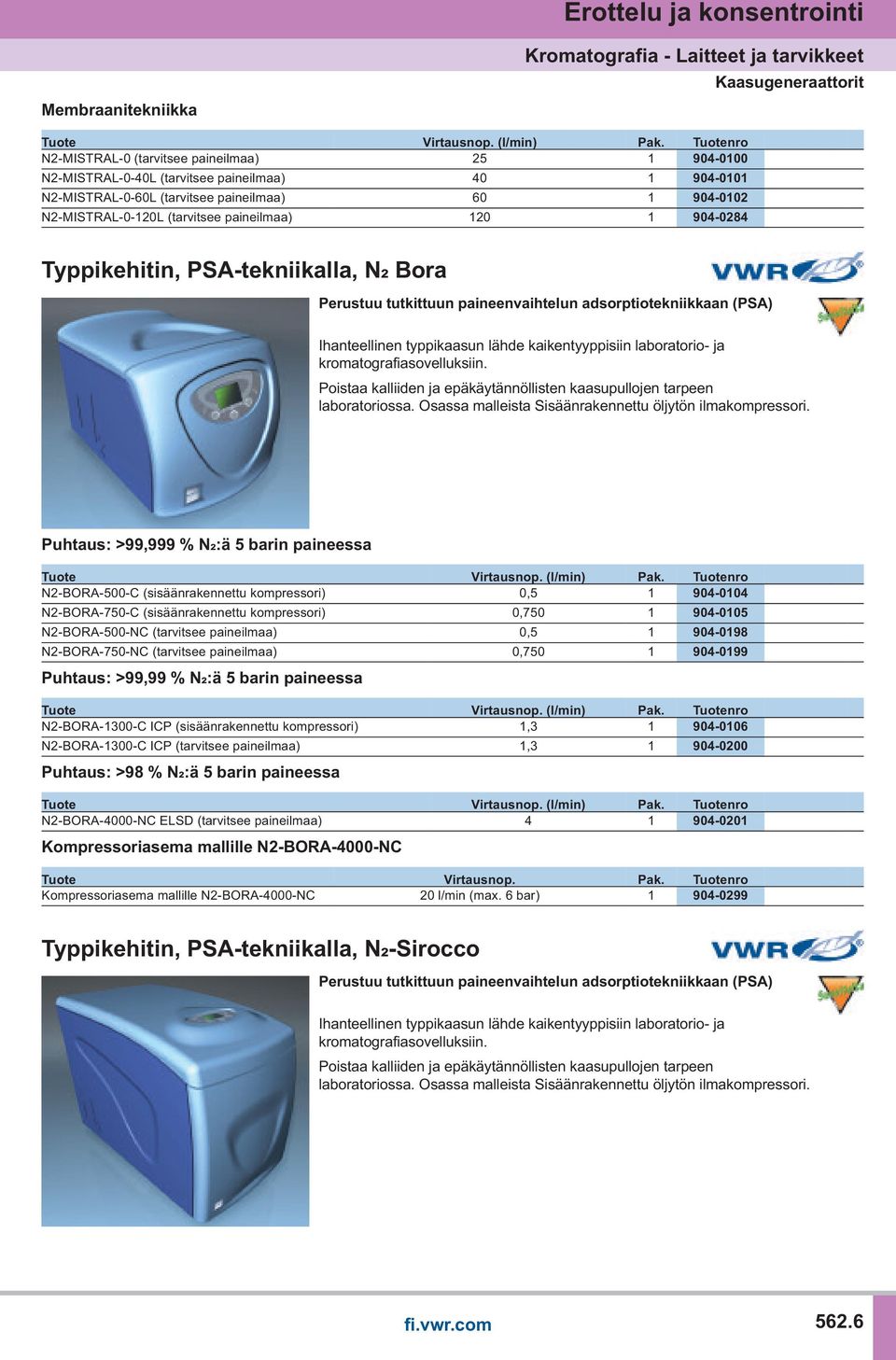 paineilmaa) 120 1 904-0284 Typpikehitin, PSA-tekniikalla, N₂ Bora Perustuu tutkittuun paineenvaihtelun adsorptiotekniikkaan (PSA) Ihanteellinen typpikaasun lähde kaikentyyppisiin laboratorio- ja