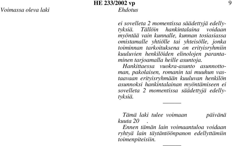 kuuluvien henkilöiden elinolojen parantaminen tarjoamalla heille asuntoja.