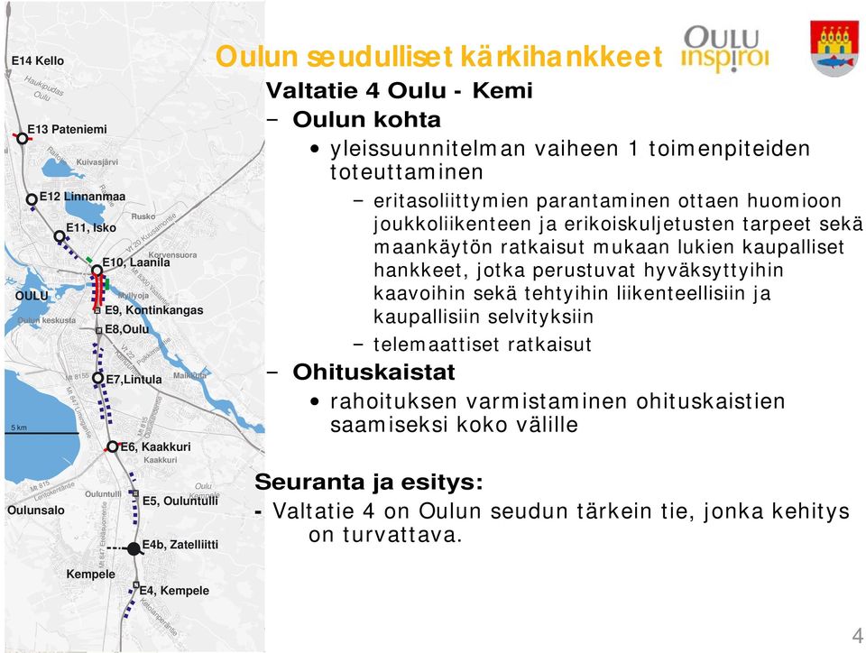 Oulunlahdentie Kaakkuri Maikkula E6, Kaakkuri Oulu Kempele E5, Ouluntulli E4b, Zatelliitti E4, Kempele Oulun seudulliset kä rkiha nkkeet Valtatie 4 Oulu - Kemi Oulun kohta yleissuunnitelman vaiheen 1