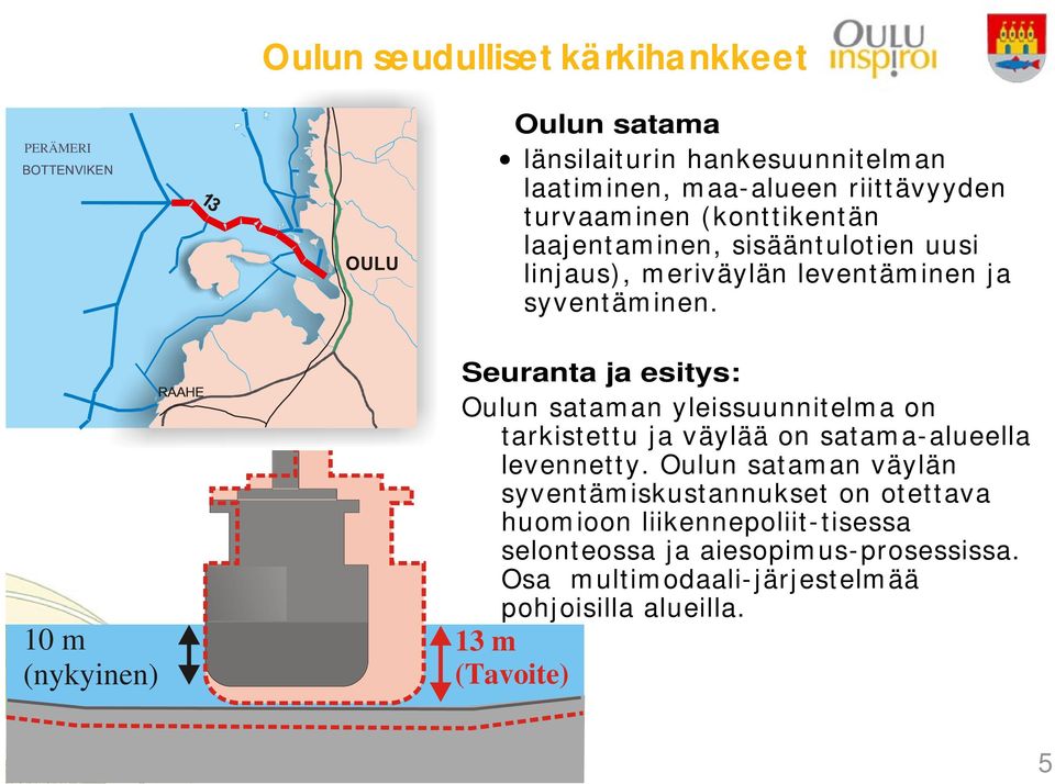 Seuranta ja esitys: Oulun sataman yleissuunnitelma on tarkistettu ja väylää on satama-alueella levennetty.