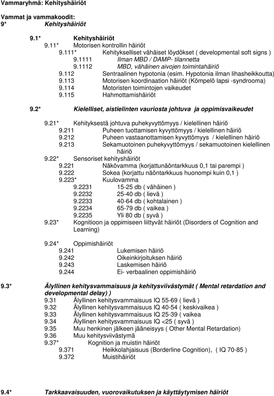 113 Motorisen koordinaation häiriöt (Kömpelö lapsi -syndrooma) 9.114 Motoristen toimintojen vaikeudet 9.115 Hahmottamishäiriöt 9.2* Kielelliset, aistielinten vauriosta johtuva ja oppimisvaikeudet 9.
