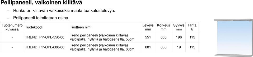 - TREND_PP-CPL-550-00 - TREND_PP-CPL-600-00 Trend peilipaneeli (valkoinen kiiltävä)