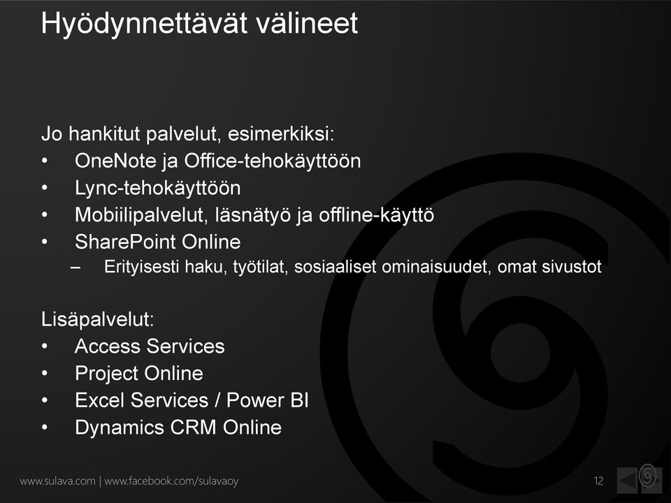 haku, työtilat, sosiaaliset ominaisuudet, omat sivustot Lisäpalvelut: Access Services