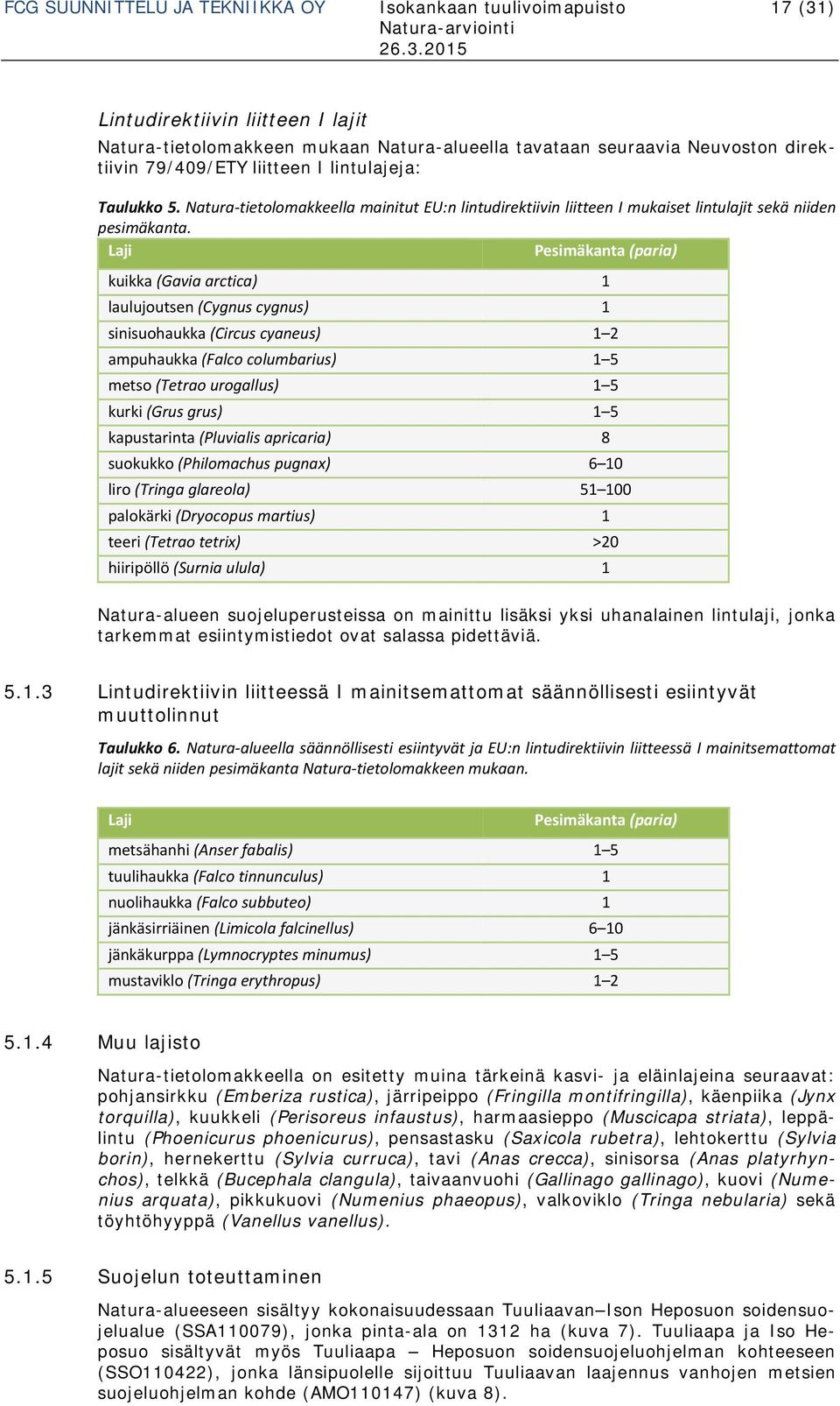 Laji Pesimäkanta (paria) kuikka (Gavia arctica) 1 laulujoutsen (Cygnus cygnus) 1 sinisuohaukka (Circus cyaneus) 1 2 ampuhaukka (Falco columbarius) 1 5 metso (Tetrao urogallus) 1 5 kurki (Grus grus) 1