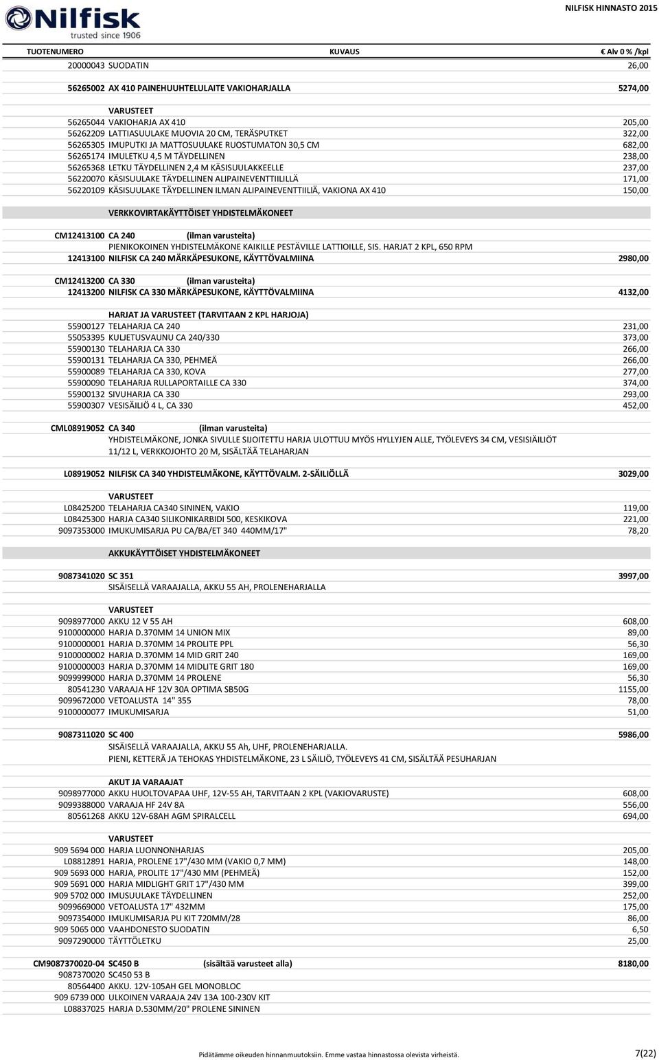 171,00 56220109 KÄSISUULAKE TÄYDELLINEN ILMAN ALIPAINEVENTTIILlÄ, VAKIONA AX 410 150,00 VERKKOVIRTAKÄYTTÖISET YHDISTELMÄKONEET CM12413100 CA 240 PIENIKOKOINEN YHDISTELMÄKONE KAIKILLE PESTÄVILLE