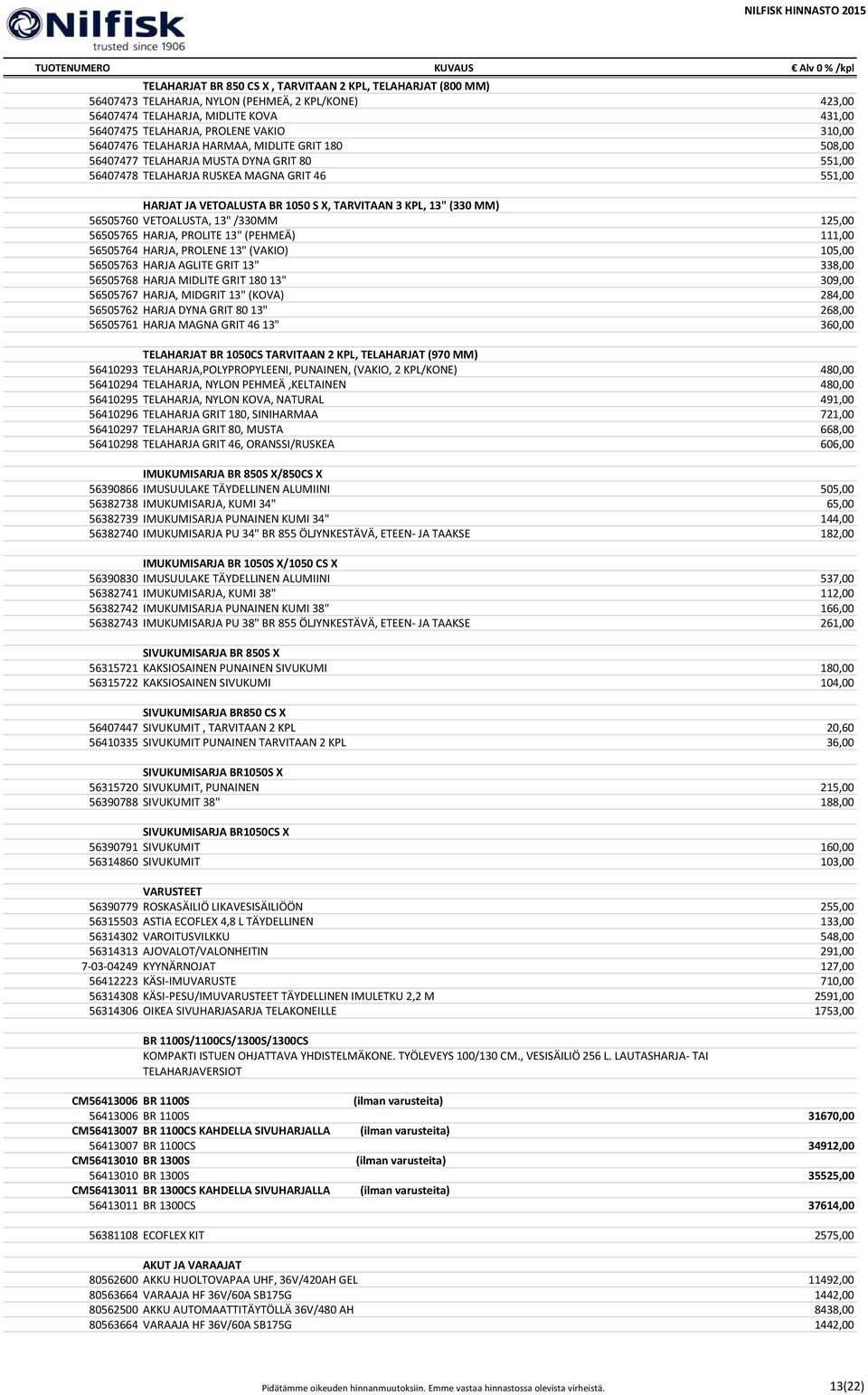 (330 MM) 56505760 VETOALUSTA, 13" /330MM 125,00 56505765 HARJA, PROLITE 13" (PEHMEÄ) 111,00 56505764 HARJA, PROLENE 13" (VAKIO) 105,00 56505763 HARJA AGLITE GRIT 13" 338,00 56505768 HARJA MIDLITE