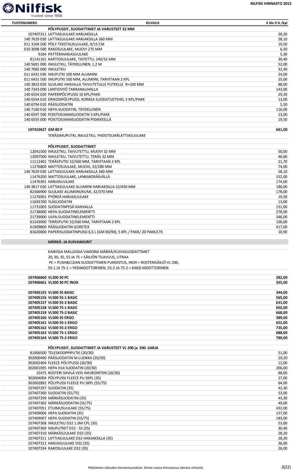 IMUPUTKI 200 MM ALUMIINI 24,00 011 6431 500 IMUPUTKI 500 MM, ALUMIINI, TARVITAAN 2 KPL 25,00 140 3823 020 SUULAKE HARJALLA TAIVUTETULLE PUTKELLE R=100 MM 88,00 140 7343 000 LANTIOVYÖ TARRANAUHALLA