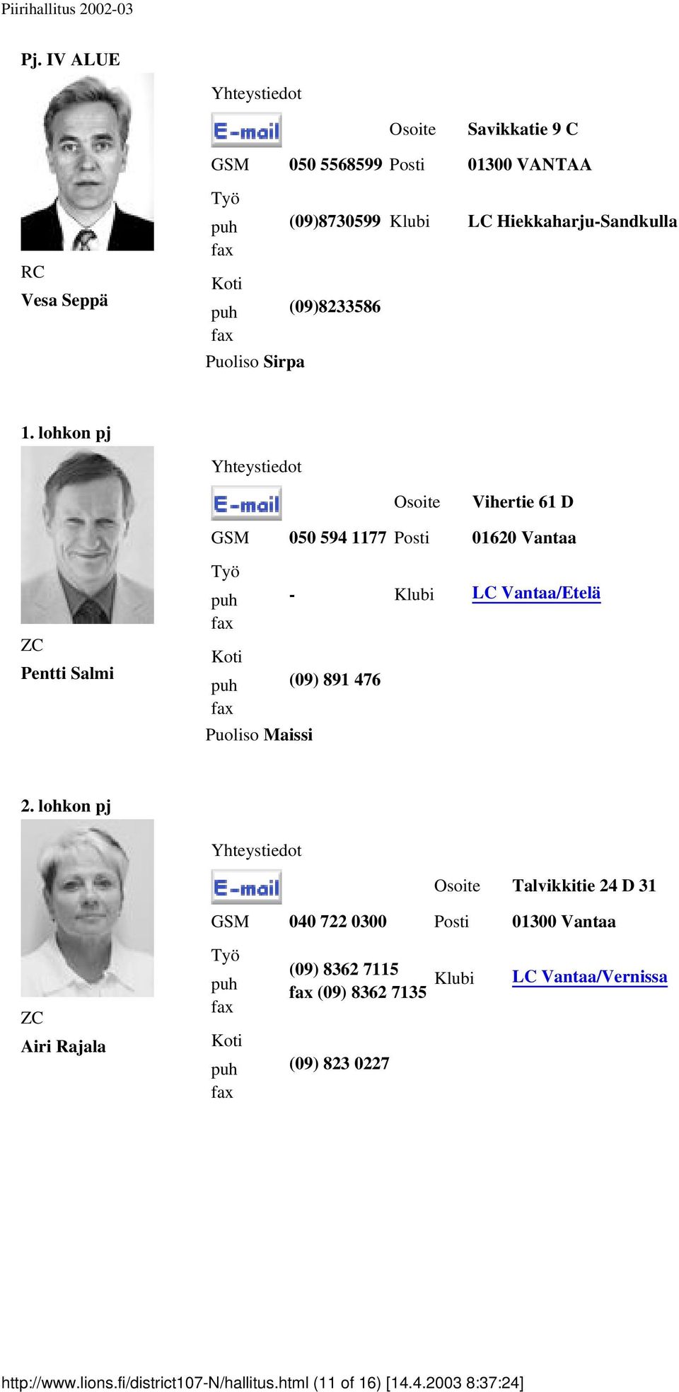 lohkon pj Vihertie 61 D GSM 050 594 1177 Posti 01620 Vantaa Pentti Salmi - Klubi LC Vantaa/Etelä (09) 891 476 Puoliso Maissi