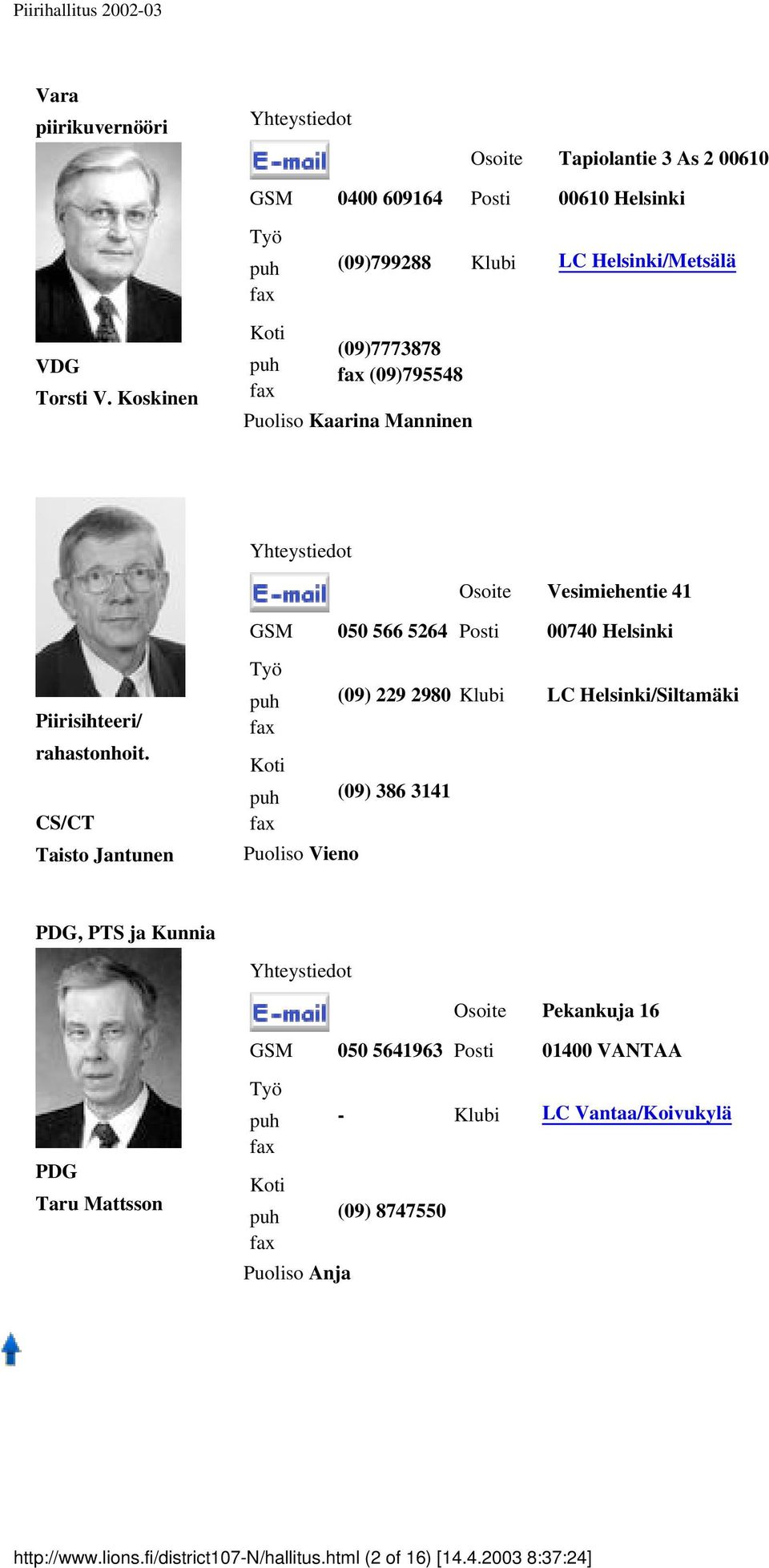 CS/CT Taisto Jantunen Puoliso Vieno (09) 229 2980 Klubi LC Helsinki/Siltamäki (09) 386 3141 PDG, PTS ja Kunnia Pekankuja 16 GSM 050 5641963 Posti