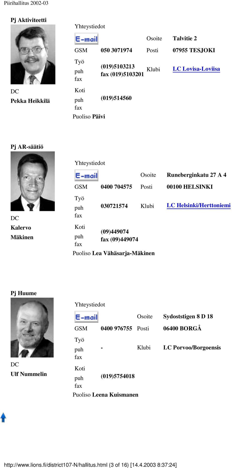 Helsinki/Herttoniemi (09)449074 (09)449074 Puoliso Lea Vähäsarja-Mäkinen Pj Huume Sydoststigen 8 D 18 GSM 0400 976755 Posti 06400 BORGÅ