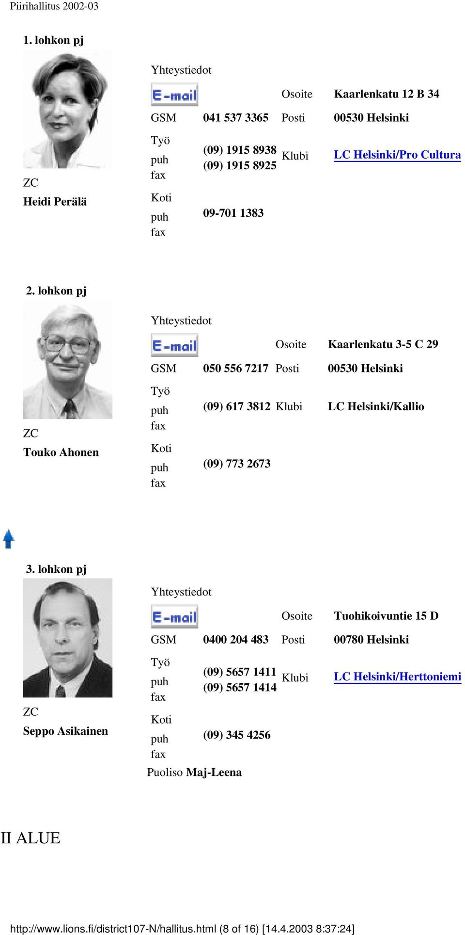 lohkon pj Kaarlenkatu 3-5 C 29 GSM 050 556 7217 Posti 00530 Helsinki Touko Ahonen (09) 617 3812 Klubi LC Helsinki/Kallio (09) 773 2673 3.