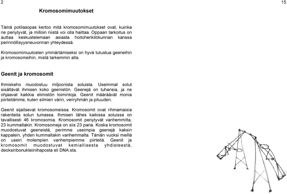 Kromosomimuutosten ymmärtämiseksi on hyvä tutustua geeneihin ja kromosomeihin, mistä tarkemmin alla. Geenit ja kromosomit Ihmiskeho muodostuu miljoonista soluista.