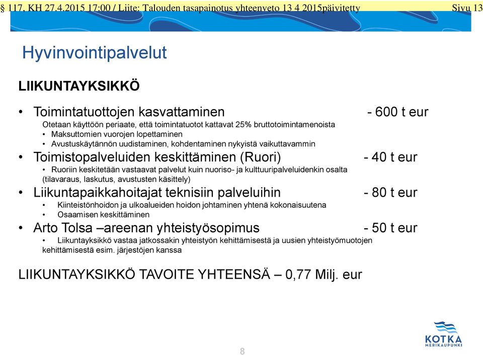 bruttotoimintamenoista Maksuttomien vuorojen lopettaminen Avustuskäytännön uudistaminen, kohdentaminen nykyistä vaikuttavammin Toimistopalveluiden keskittäminen (Ruori) - 4 t eur Ruoriin keskitetään